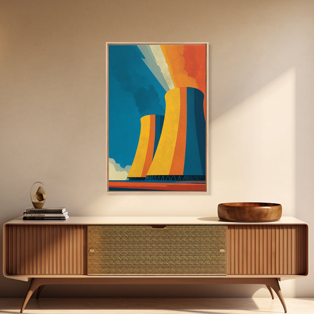 Orange Teal Cooling Towers Canvas Print, Industrial Architecture Wall Art, Retro Modern Decor, Bold Energy Poster, Office Statement Piece