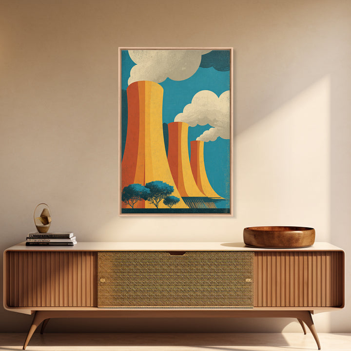 Three Orange Cooling Towers With Steam Framed Canvas Print, Industrial Wall Art, Retro Modern Decor, Power Plant Posters
