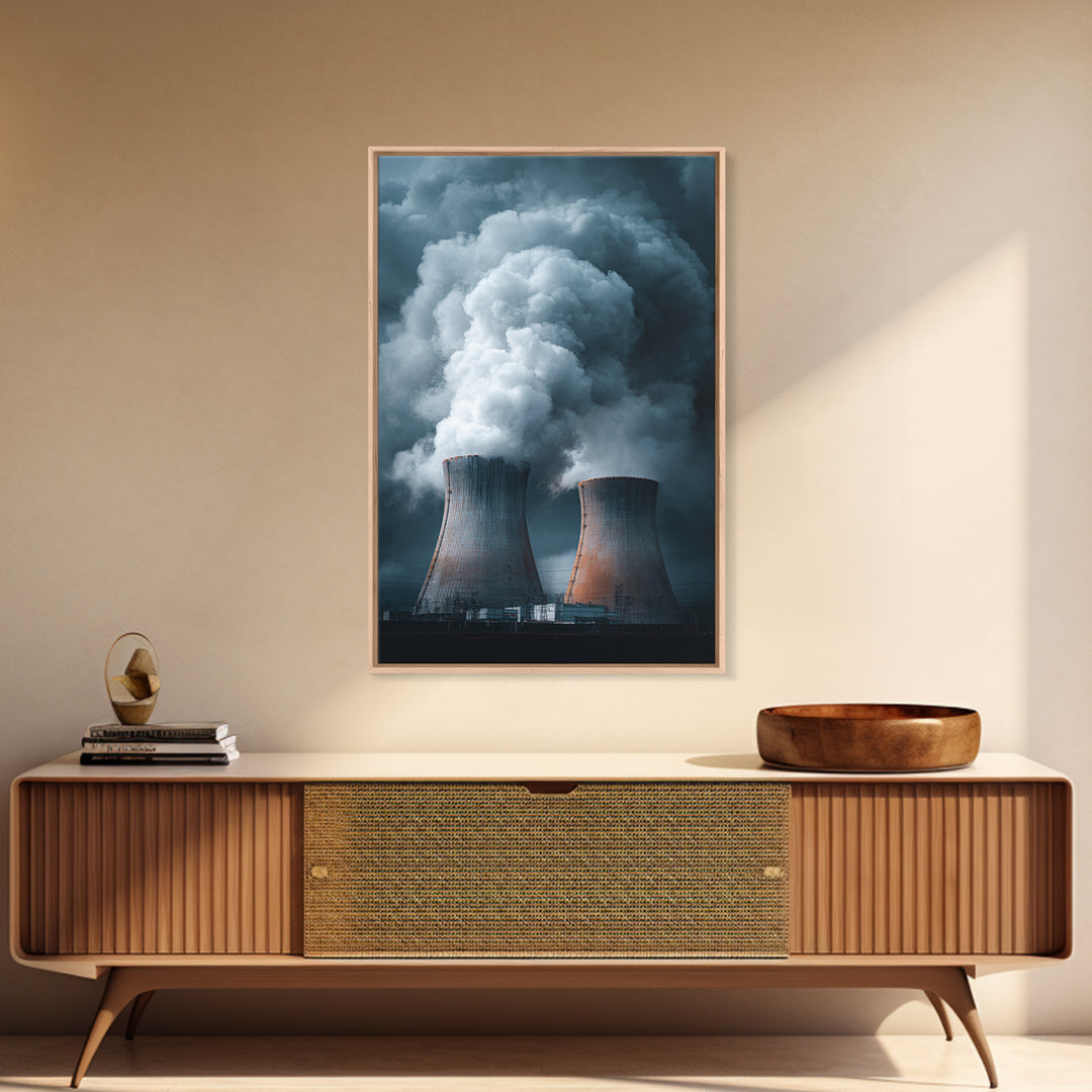 Dark Cooling Towers Under Storm Clouds Wall Art, Industrial Photography Print, Modern Office Decor, Dramatic Power Plant