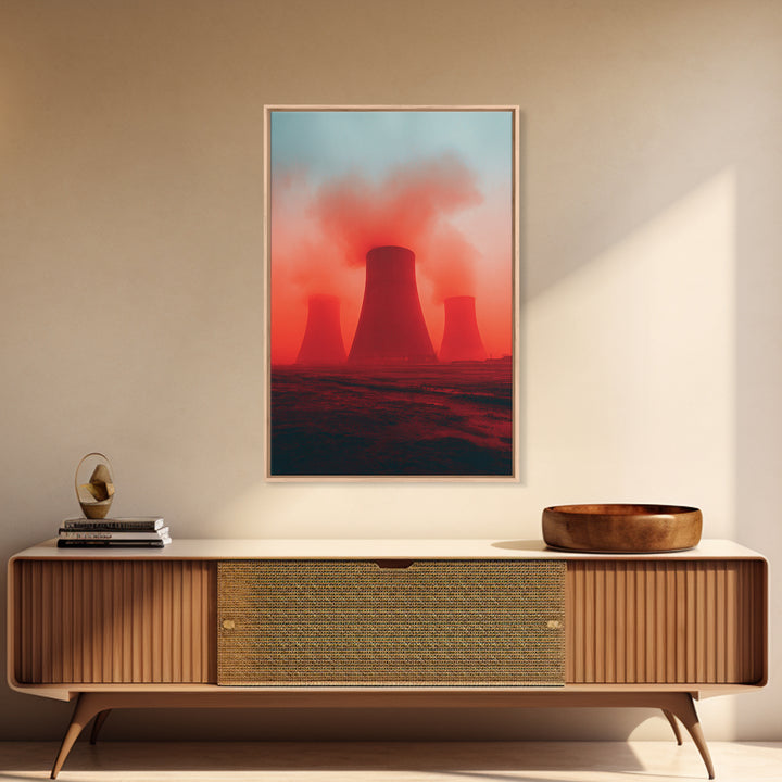 Red Fog Cooling Towers At Dusk Canvas Print, Industrial Landscape Wall Art, Moody Modern Decor, Power Plant Poster, Statement Piece