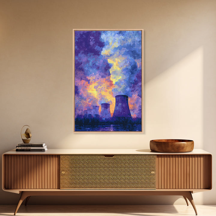 Purple Sunset Cooling Towers With Colorful Smoke Wall Art, Industrial Modern Art Print, Dramatic Office Decor, Energy Poster