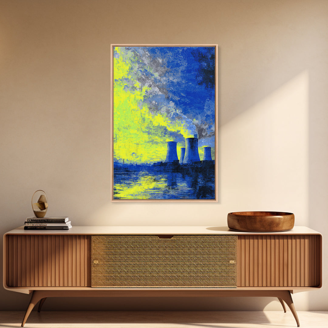 Blue Yellow Power Plant Across Water Canvas Print, Industrial Wall Art, Modern Abstract Decor, Bold Office Poster, Statement Piece