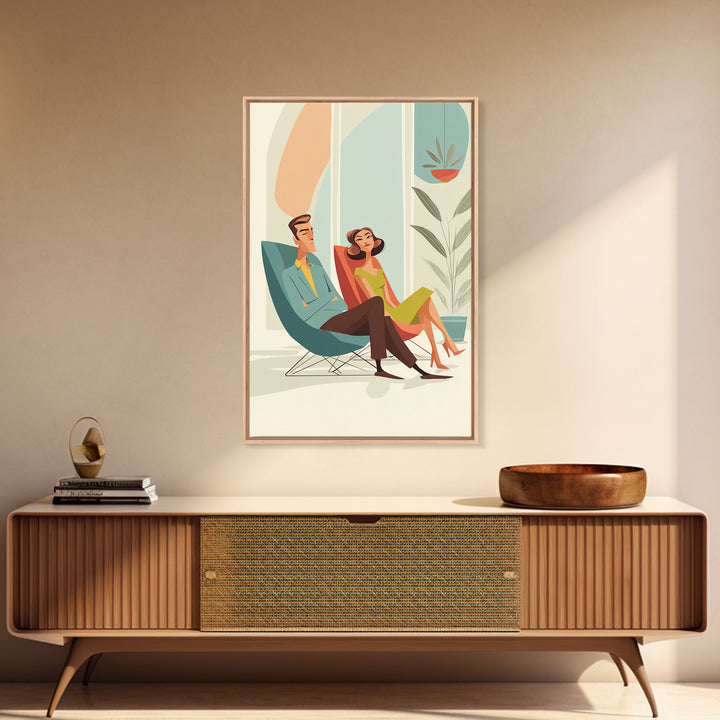Elegant Midcentury Couple In Teal Chair Framed Canvas Print, Modern Wall Art, Retro Home Decor, MCM Gallery Wall Print Gift
