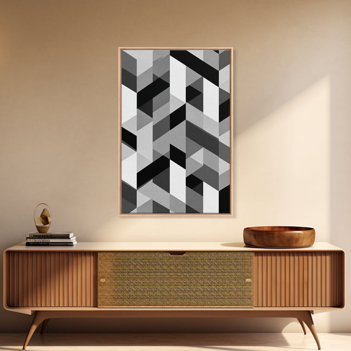 Grayscale Cubist Geometric Pattern Wall Art, Modern Abstract Art Print, Black White Office Decor, MCM Home Decor Canvas Print