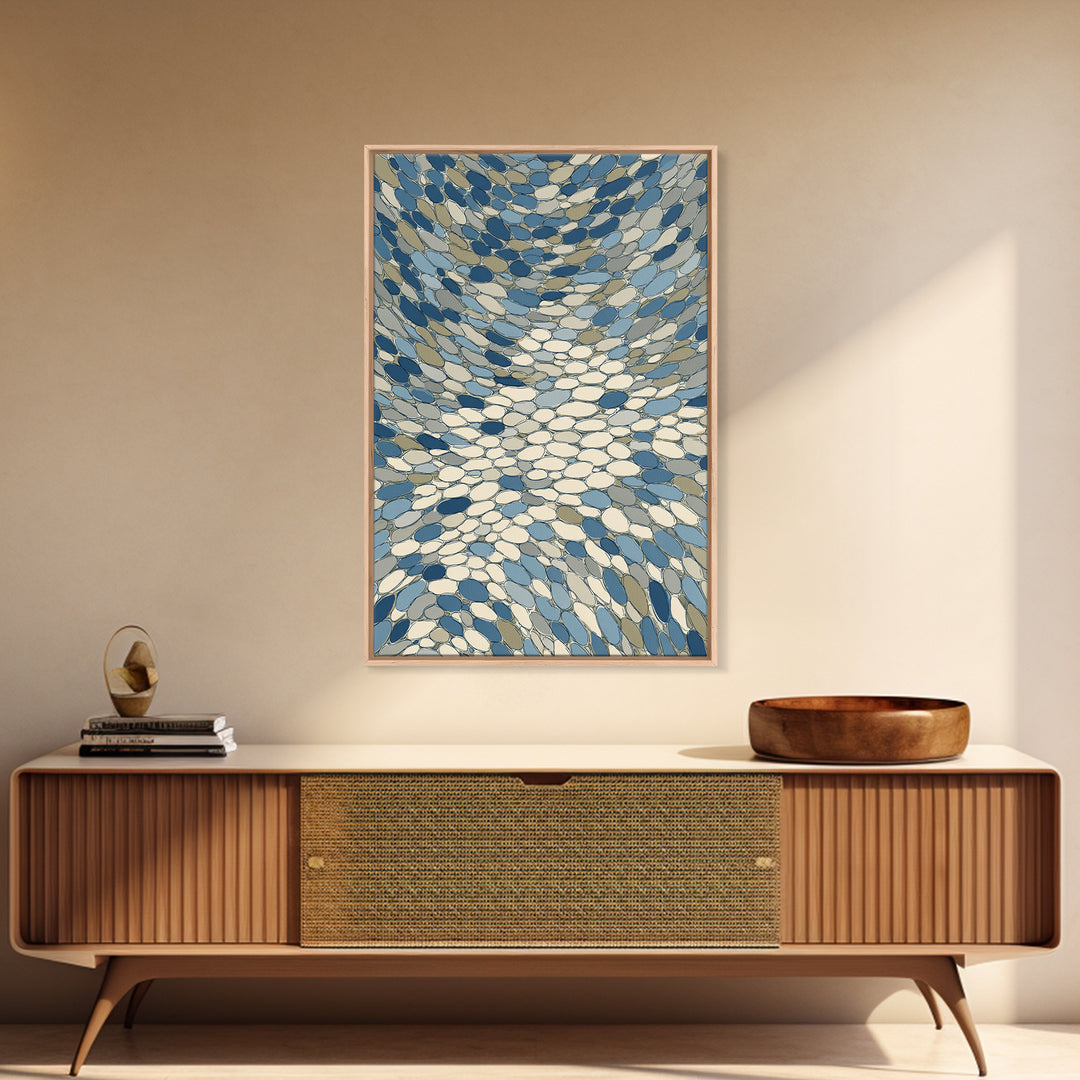 Blue Beige Mosaic Vortex Canvas Print, Midcentury Modern Abstract Art, Geometric Wall Decor, Optical Pattern Home Art Print
