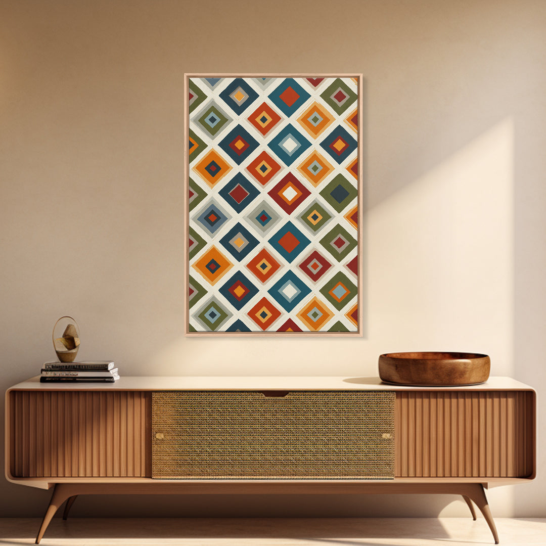 Retro Diamond Tile Pattern Wall Art, Midcentury Modern Decor, Geometric Canvas Print, Earth Tone MCM Gallery Wall Decor Print