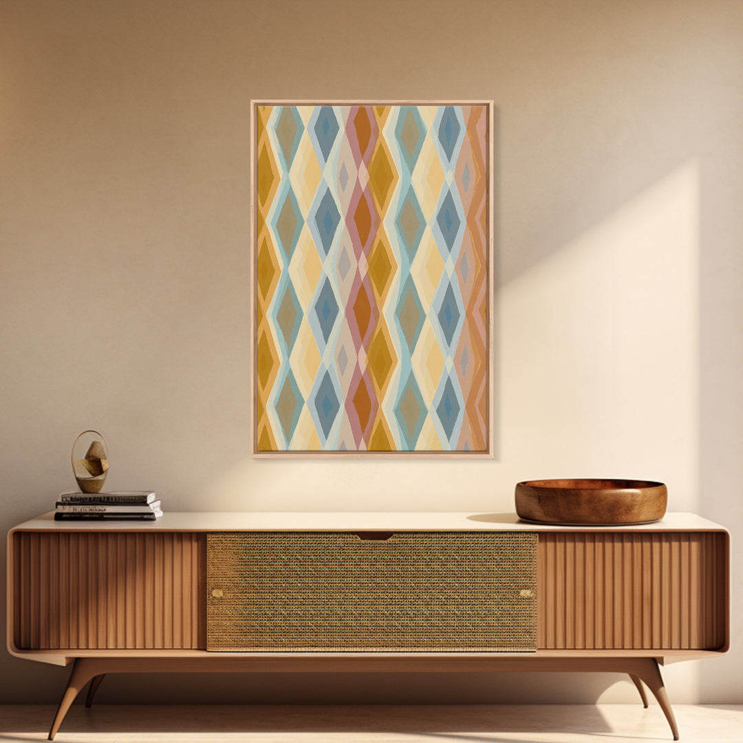 Pastel Argyle Diamond Pattern Wall Art, Mid Century Modern Geometric Print, Retro Abstract Decor, Mustard Blue Canvas Home Decor