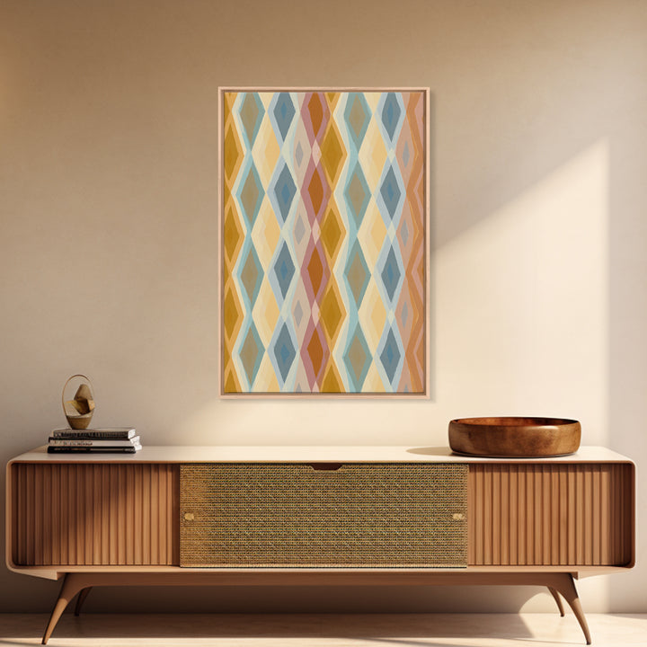 Pastel Argyle Diamond Pattern Wall Art, Mid Century Modern Geometric Print, Retro Abstract Decor, Mustard Blue Canvas Home Decor