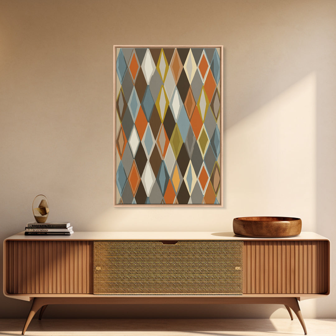 Earthy Argyle Diamond Pattern Framed Canvas Print, Mid Century Modern Wall Decor, Retro Geometric Abstract Art, Orange Blue