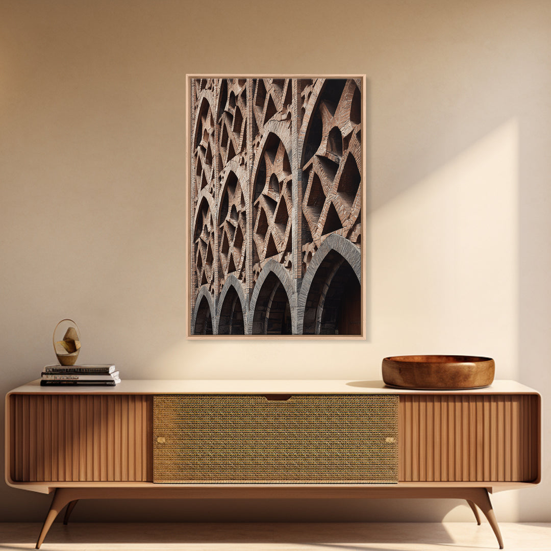 Brick Arch Facade Architecture Canvas Print, Geometric Gothic Arches Wall Decor, Modern Rustic Photo Art, Brown Black Texture