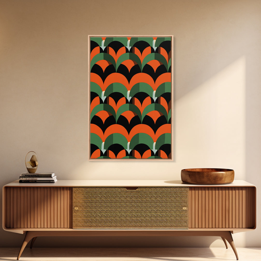 Orange Green Art Deco Fan Pattern Wall Art, Mid Century Modern Abstract Print, Retro Scallop Decor, Bold Black Canvas Home Decor