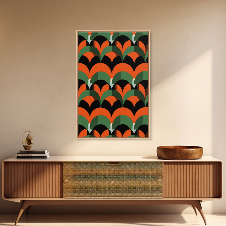 Orange Green Art Deco Fan Pattern Wall Art, Mid Century Modern Abstract Print, Retro Scallop Decor, Bold Black Canvas Home Decor