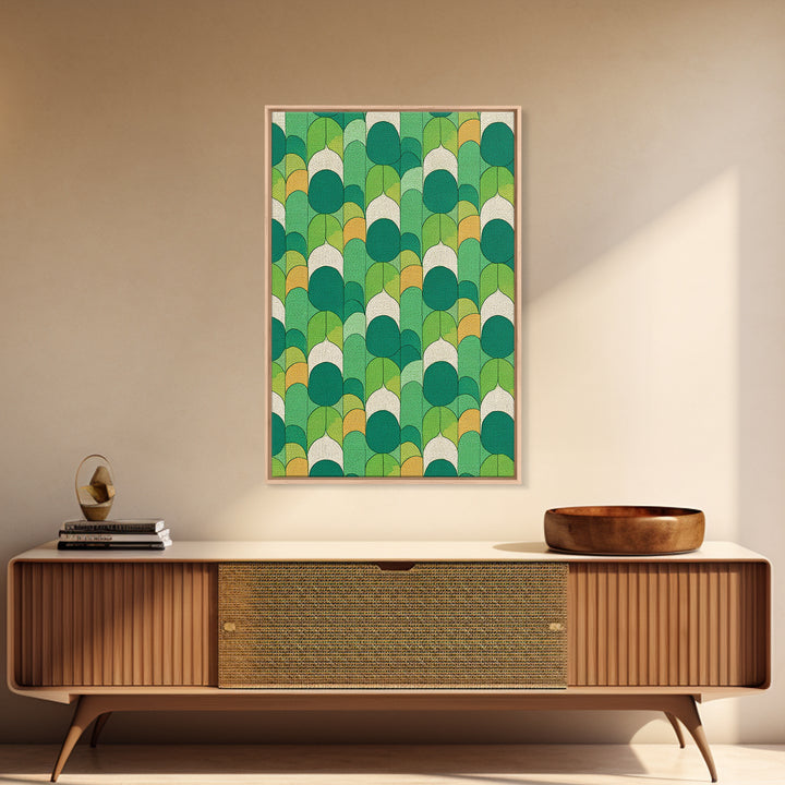 Green Botanical Oval Leaf Pattern Canvas Print, Mid Century Modern Wall Decor, Retro Nature Art, Textured Sage Teal Yellow