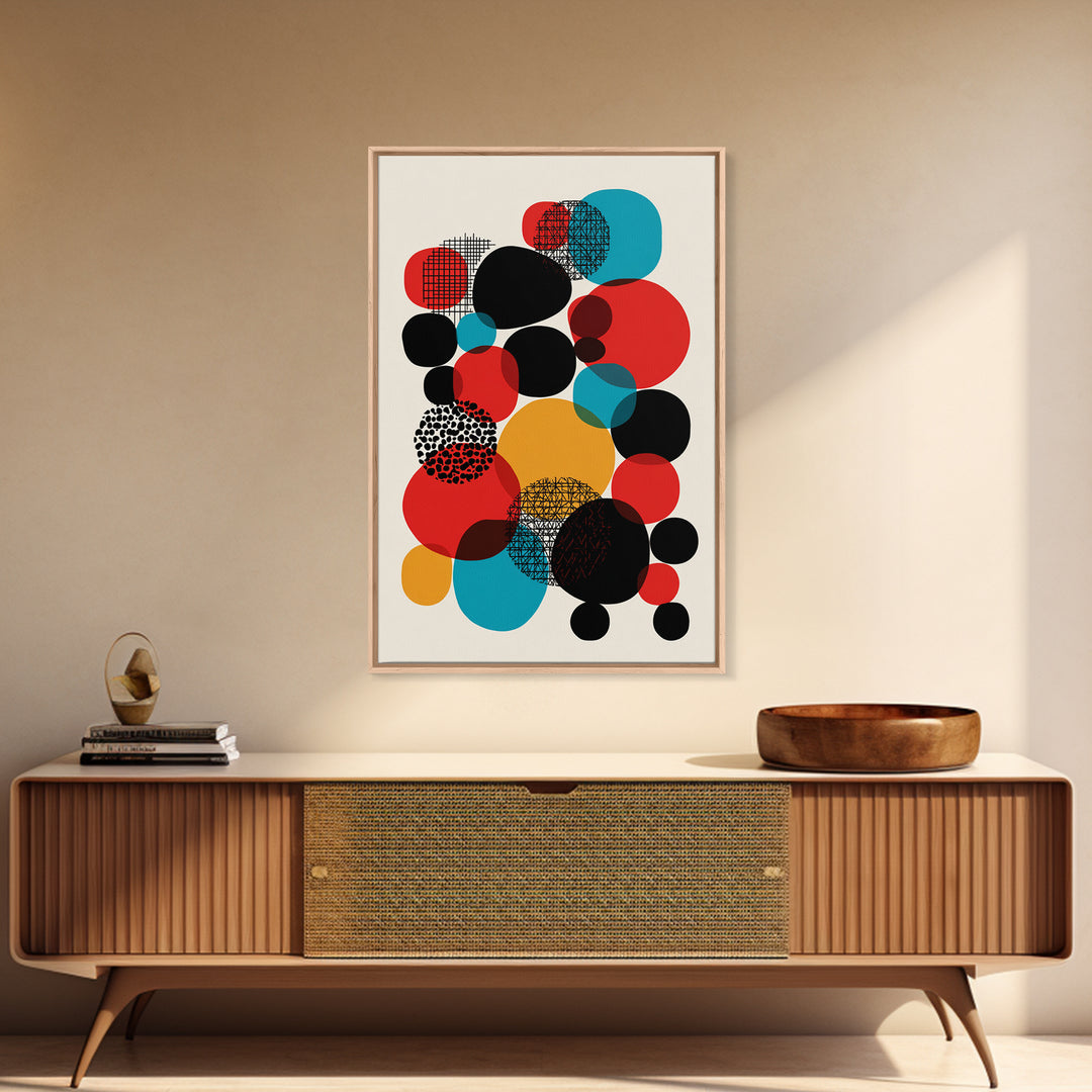 Red Teal Black Circle Cluster Canvas Print, Mid Century Modern Abstract Art, Retro Geometric Wall Decor, Mustard Cream Poster