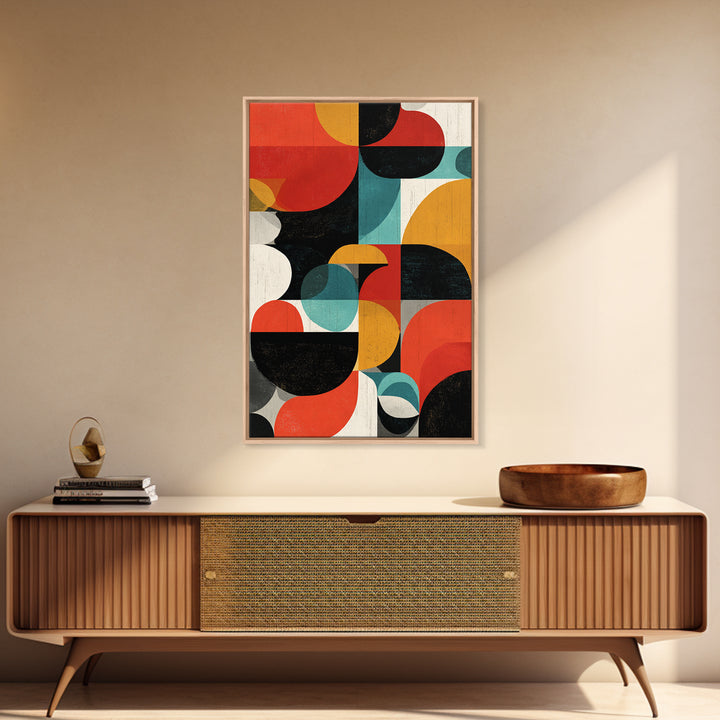 Bauhaus Blocks And Circles Framed Canvas Print, Mid Century Modern Abstract Wall Decor, Retro Geometric Art, Red Teal Mustard