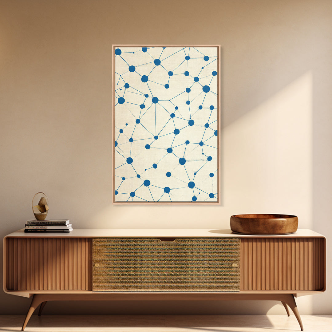 Blue Constellation Dot Pattern Canvas Print, Midcentury Modern Geometric Wall Art, Minimal Abstract Linen Home Office Decor