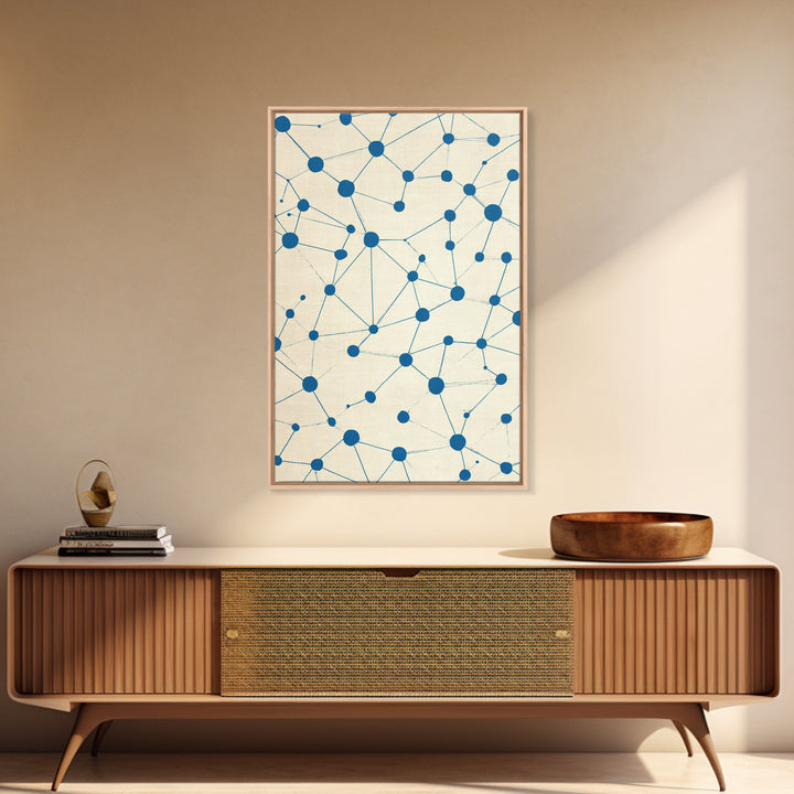 Blue Constellation Dot Pattern Canvas Print, Midcentury Modern Geometric Wall Art, Minimal Abstract Linen Home Office Decor