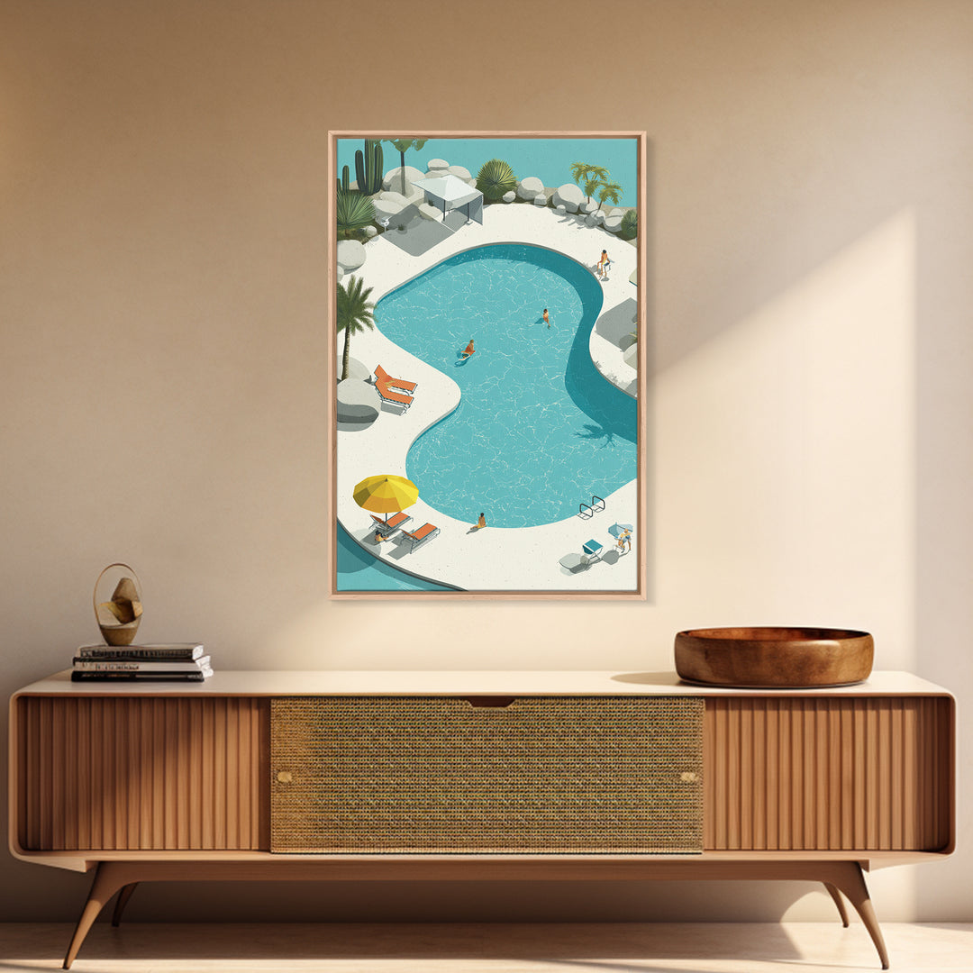 Aerial Desert Pool With Palms Wall Art, Midcentury Modern Palm Springs Print, Retro Vacation Resort Living Room Home Decor