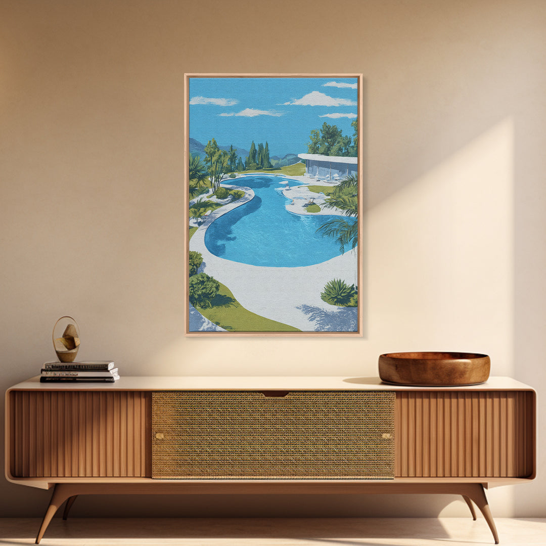 Midcentury Pool And Glass House Landscape Canvas Print, Palm Springs Modern Wall Art, Retro Architecture Living Room Home Decor