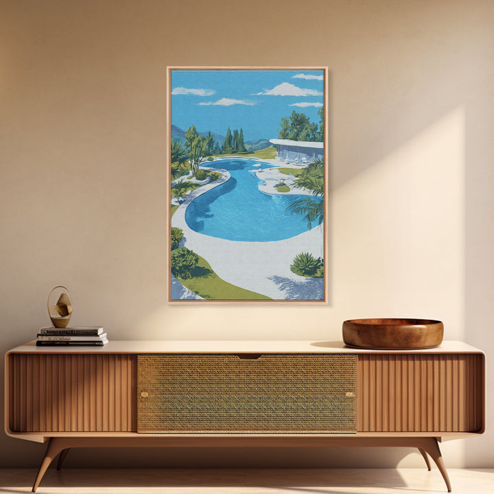 Midcentury Pool And Glass House Landscape Canvas Print, Palm Springs Modern Wall Art, Retro Architecture Living Room Home Decor
