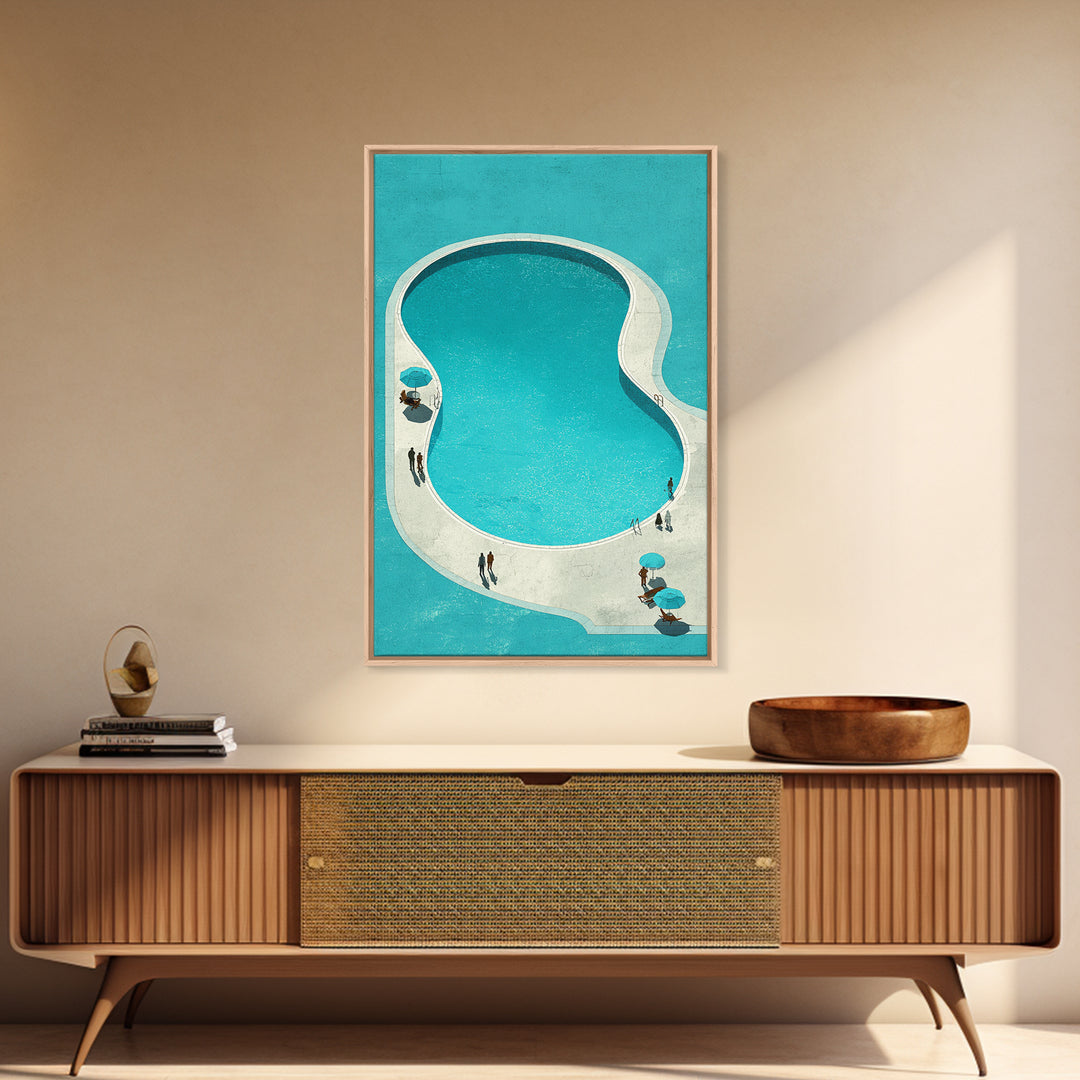 Minimal Turquoise Resort Pool Framed Canvas Print, Midcentury Modern Wall Art, Palm Springs Retro Travel Poster Living Room Decor
