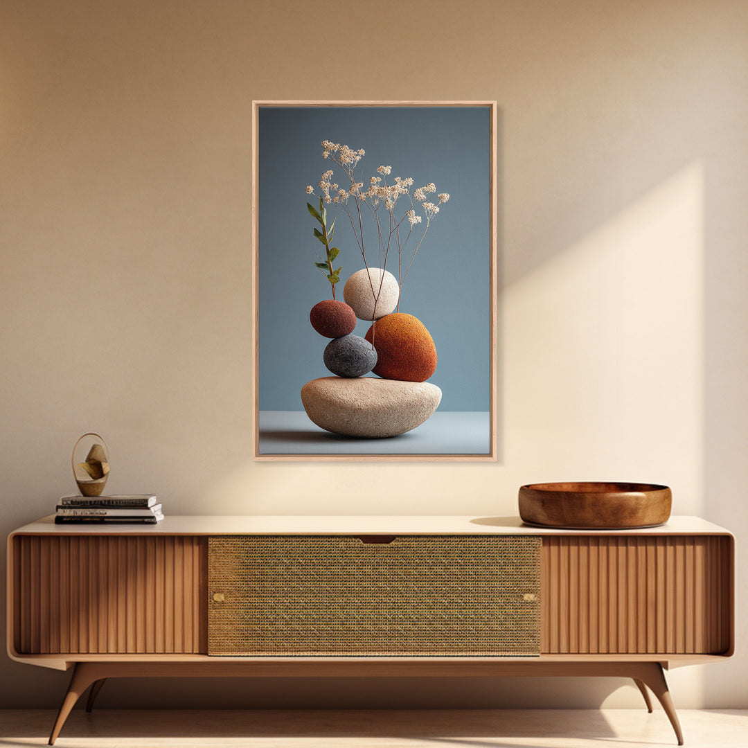 Balanced Pebble Vase With Dried Flowers Wall Art, Modern Home Decor, Scandinavian Art Print, Minimalist Neutral Bedroom Decor