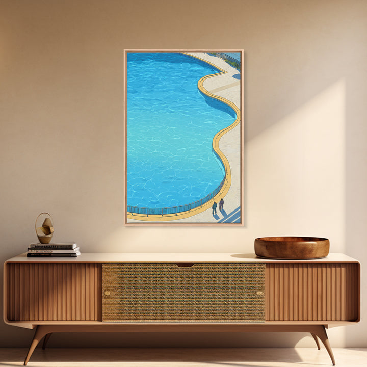 Curved Blue Swimming Pool Wall Art, Midcentury Modern Coastal Resort Print, Minimal Summer Travel Living Room Home Decor