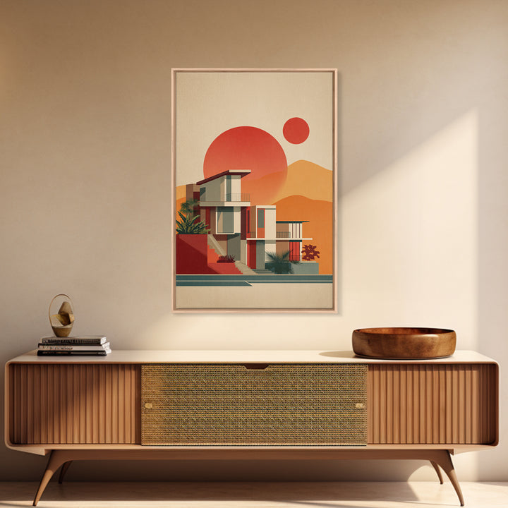Desert Modernist House With Red Sun Wall Art, Mid Century Modern Poster, Retro Palm Springs Decor, Architectural Art Print