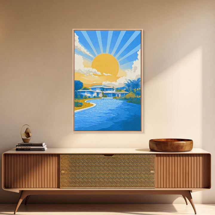 Blue Poolside Modern House With Sun Rays Framed Canvas Print, Mid Century Modern Wall Art, Tropical Palm Springs Decor Poster