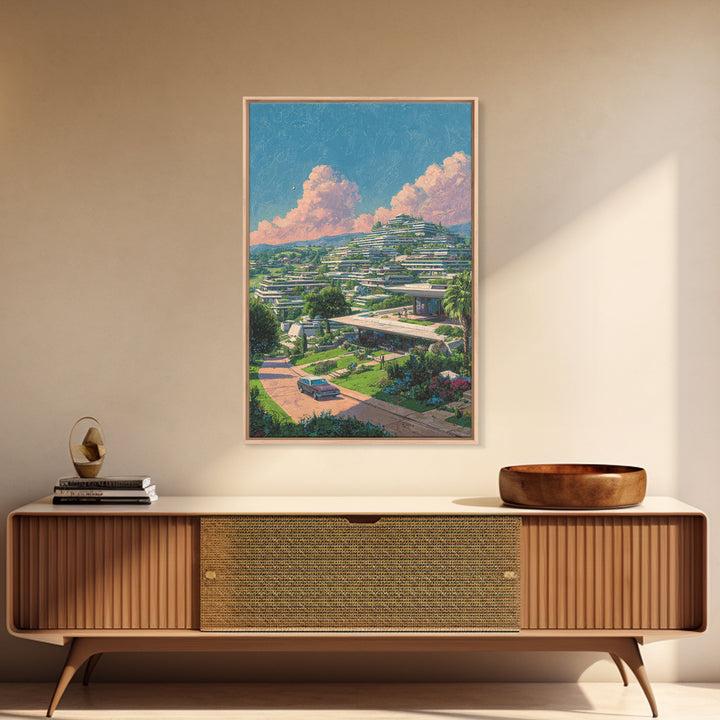 Terraced Hillside Utopia With Pink Clouds Wall Art, Midcentury Modern Architecture Poster, Colorful Landscape Home Decor