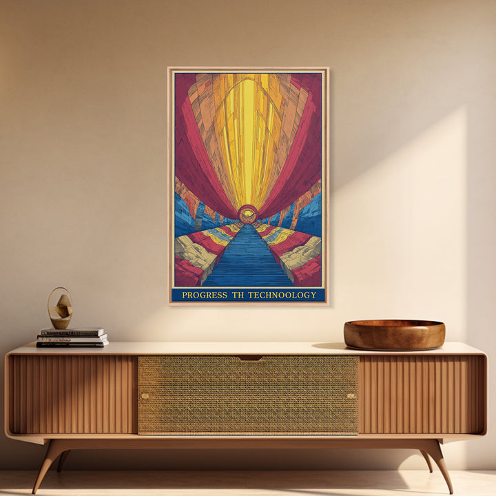 Glowing Futurist Technology Tunnel Wall Art, Retro Sci Fi Poster, Modern Abstract Art Print, Colorful Geometric Home Decor