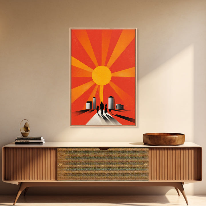 Family Silhouettes Walking Toward Sun Wall Art, Midcentury Modern Poster, Orange Retro Abstract Print, Inspirational Decor