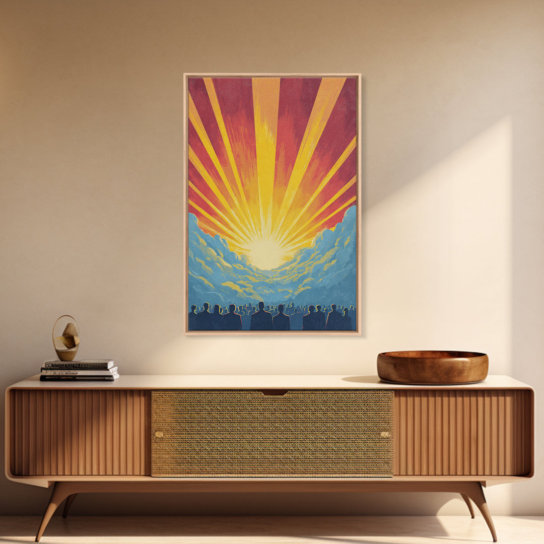 Radiant Sunrise Over Crowd Silhouette Canvas Print, Retro Sci Fi Wall Art, Inspirational Sun Poster, Colorful Home Decor