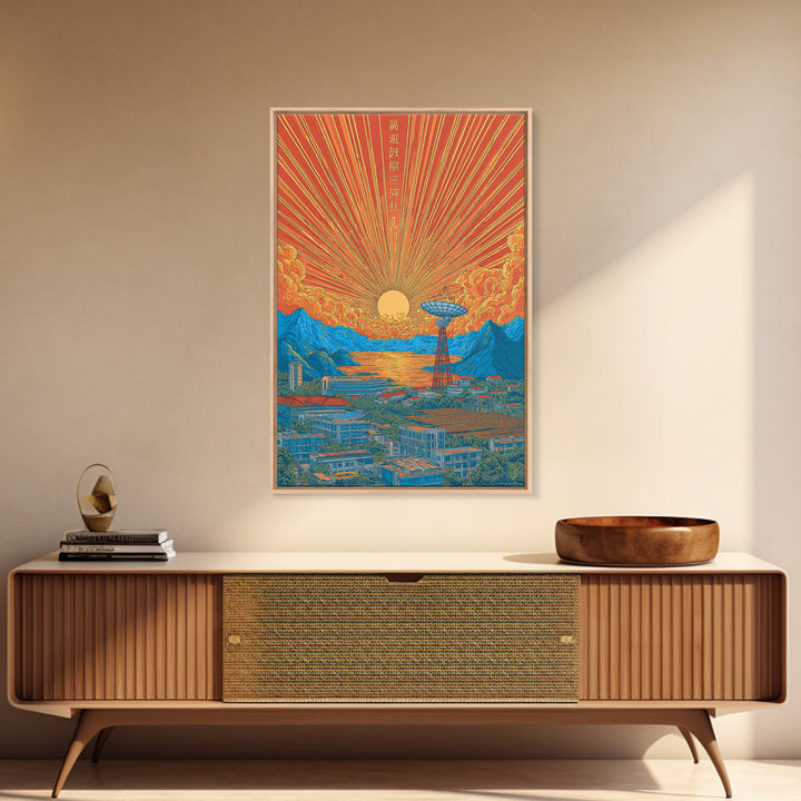 Japanese Sunrise Mountain Valley Canvas Print, Retro Travel Poster, Orange Blue Landscape Wall Decor, Midcentury Modern Art