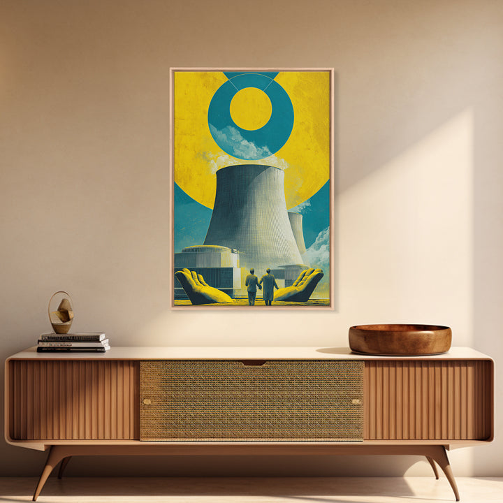 Nuclear Cooling Tower In Giant Hands Canvas Print, Retro Futurist Wall Decor, Yellow Teal Industrial Modern Art, MCM Poster