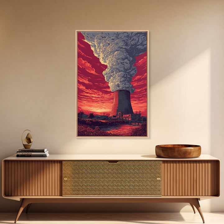 Dramatic Nuclear Cooling Tower Wall Art, Red Sunset Industrial Poster, Retro Sci Fi Landscape Print, Statement Home Decor