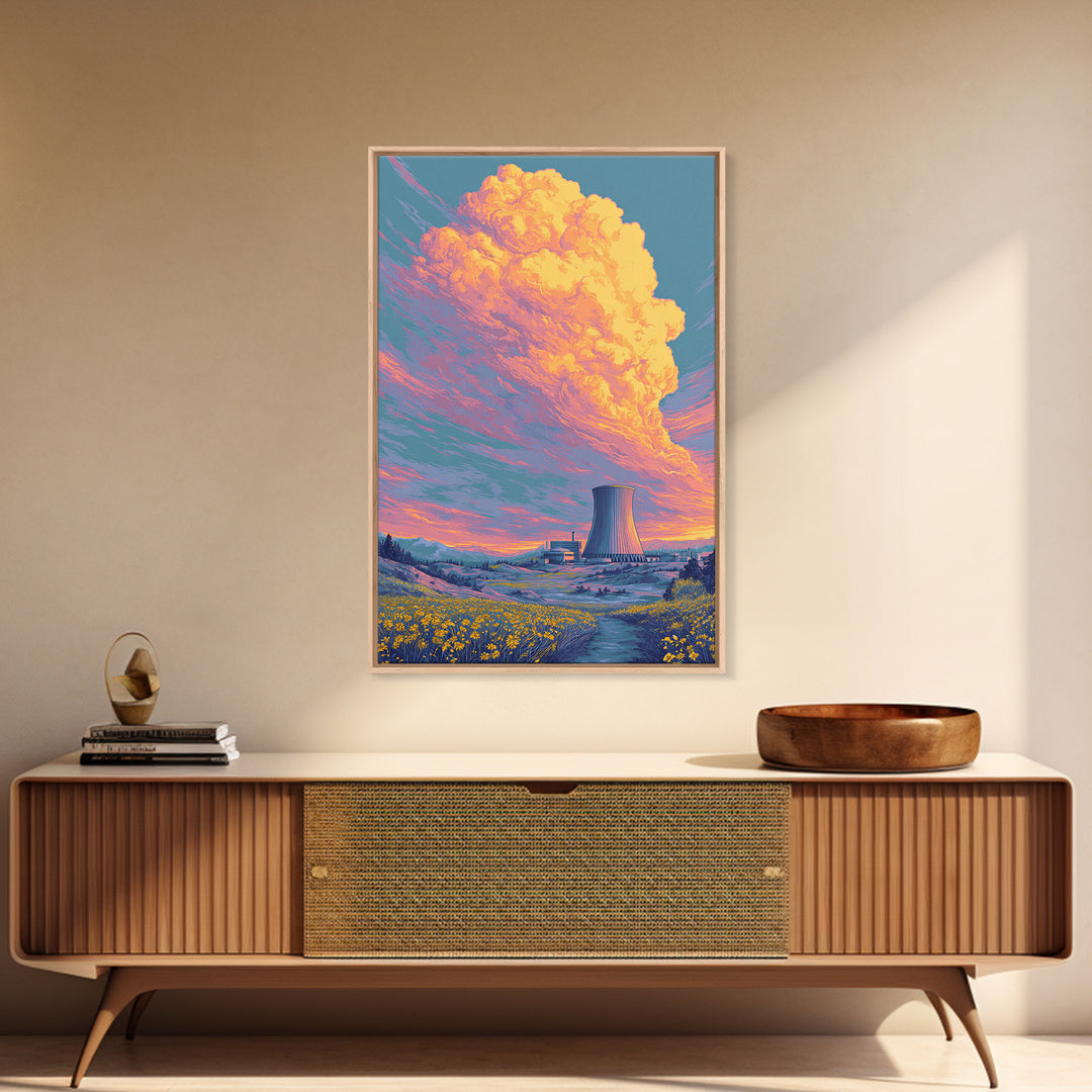 Pastel Nuclear Plant With Flower Field Wall Art, Scenic Landscape Poster, Colorful Modern Home Decor, Retro Art Print, Gift