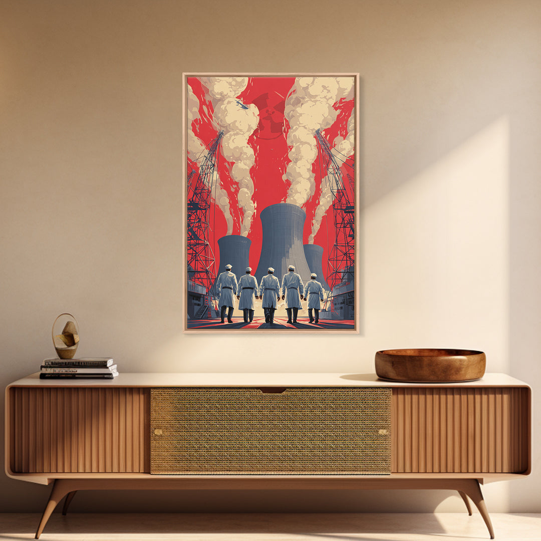 Nuclear Plant Workers Under Red Sky Framed Canvas Print, Industrial Wall Art, Retro Sci Fi Poster, Bold Statement Home Decor