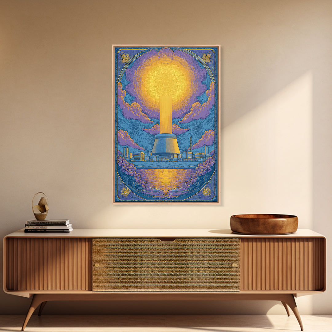 Ornate Radiant Nuclear Tower Wall Art, Art Nouveau Industrial Poster, Blue Gold Scenic Print, Spiritual Modern Statement Decor