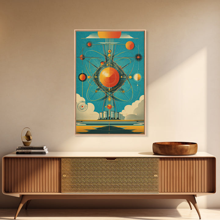 Atomic Orange Sun Orbit Wall Art, Midcentury Modern Abstract Space Poster, Teal Retro Geometric Decor, MCM Canvas Gift, Home Decor