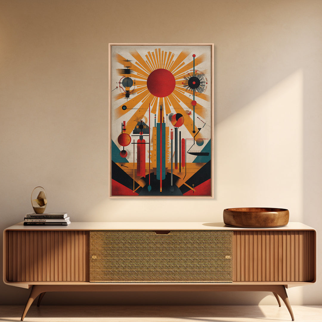 Red Sunburst Machine Wall Art, Midcentury Modern Abstract Poster, Bauhaus Geometric Print, Atomic Retro Office Decor Gift