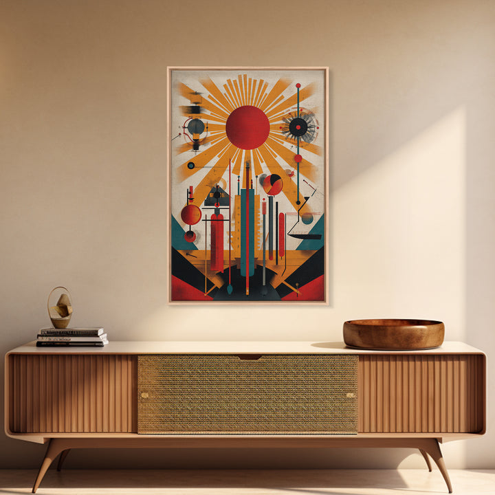 Red Sunburst Machine Wall Art, Midcentury Modern Abstract Poster, Bauhaus Geometric Print, Atomic Retro Office Decor Gift