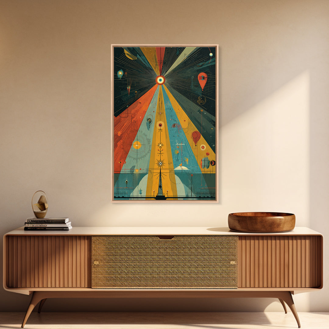 Prismatic Cosmic Beams Wall Art, Midcentury Modern Abstract Space Poster, Retro Geometric Sci Fi Decor, Colorful MCM Print