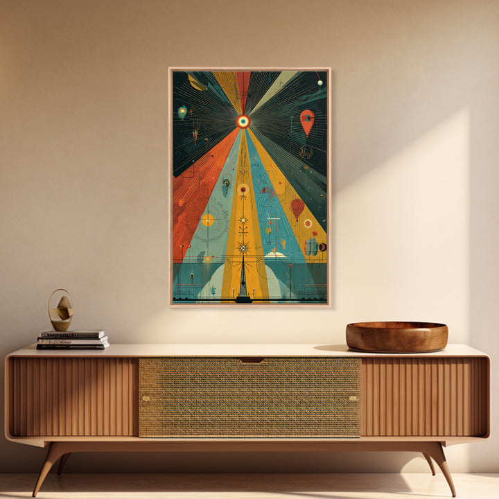 Prismatic Cosmic Beams Wall Art, Midcentury Modern Abstract Space Poster, Retro Geometric Sci Fi Decor, Colorful MCM Print