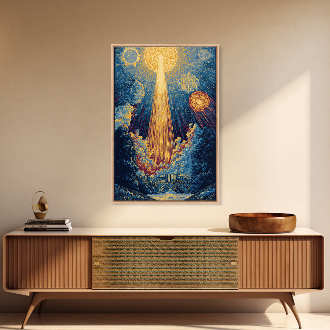 Golden Celestial Beam Canvas Print, Modern Abstract Art, Cosmic Sun Landscape Poster, Blue Yellow Wall Decor, Spiritual Gift