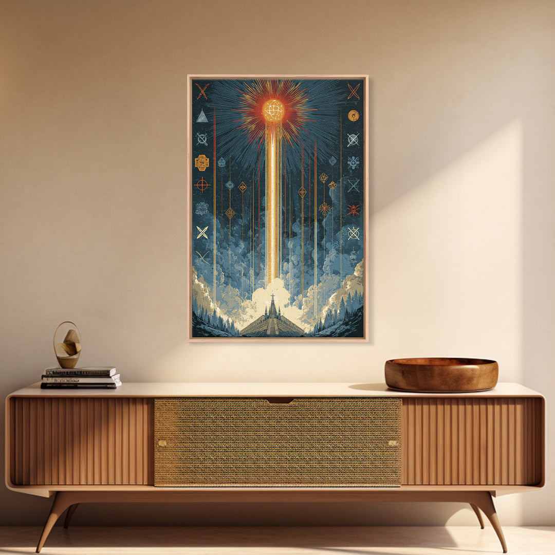 Mystic Rocket Launch Wall Art, Midcentury Modern Space Poster, Celestial Sunburst Landscape, Retro Sci Fi Office Decor Print