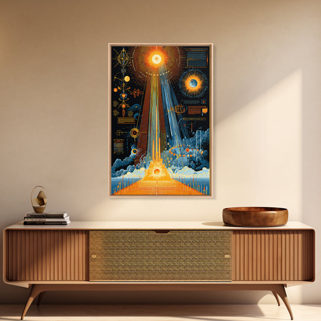Illuminated Cosmic Diagram Framed Canvas Print, Midcentury Modern Abstract Space Art, Retro Sci Fi Wall Decor, MCM Poster