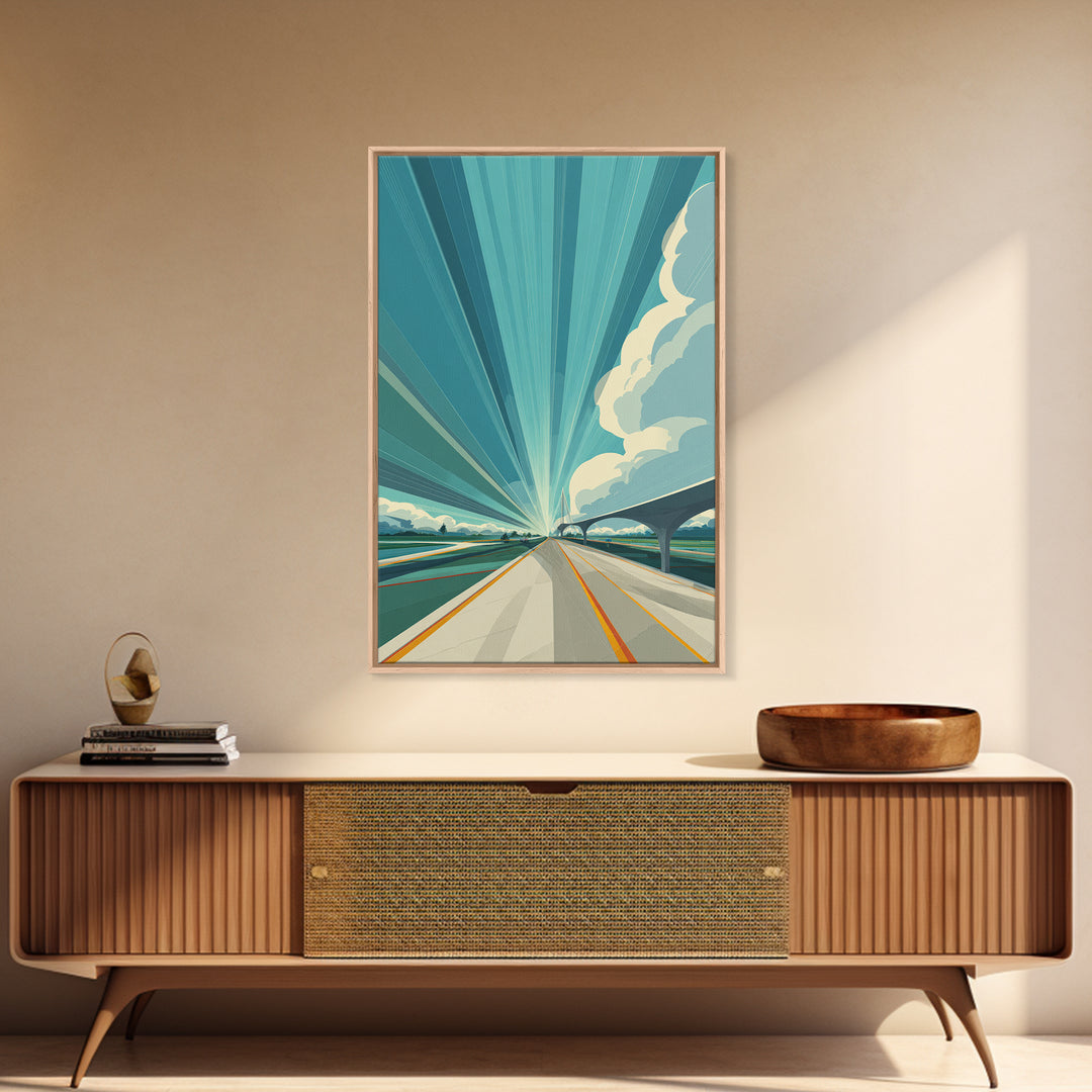 Futuristic Highway Light Rays Wall Art, Retro Modern Poster, Architectural Art, Travel Wall Art, Blue Geometric Office Decor