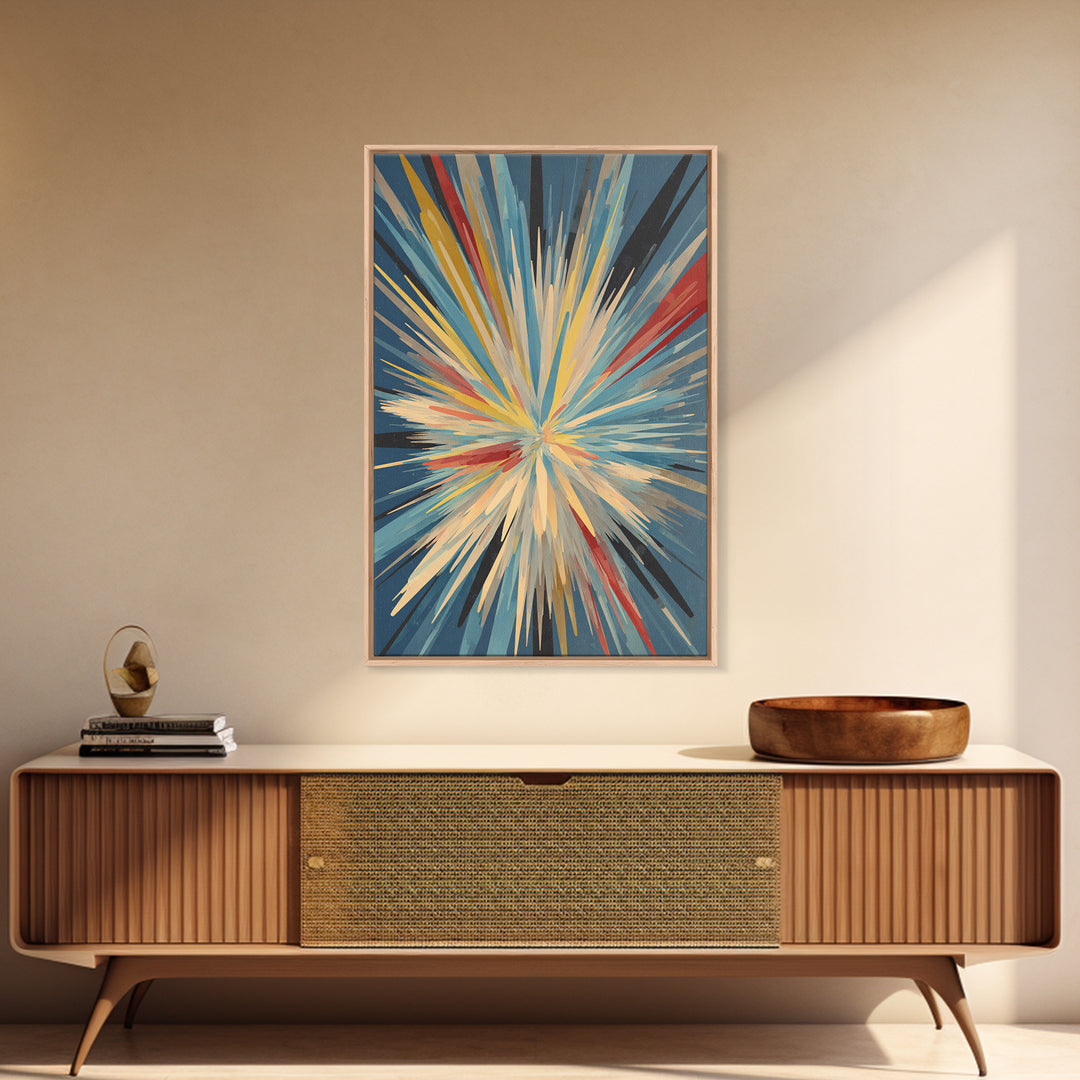Exploding Abstract Starburst Canvas Print, Modern Wall Art, Colorful Geometric Poster, Blue Red Yellow Midcentury Decor Gift
