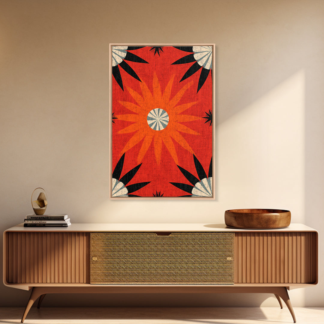 Orange Atomic Sunburst Pattern Wall Art, Midcentury Modern Print, Retro 70s Decor, Geometric Textile Style Bold MCM Poster